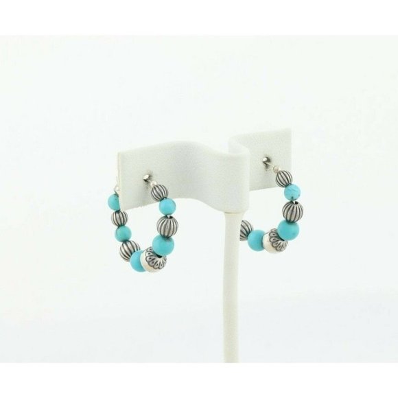 Sterling Silver Created Turquoise Bead Hoop Earrings - Picture 4 of 7